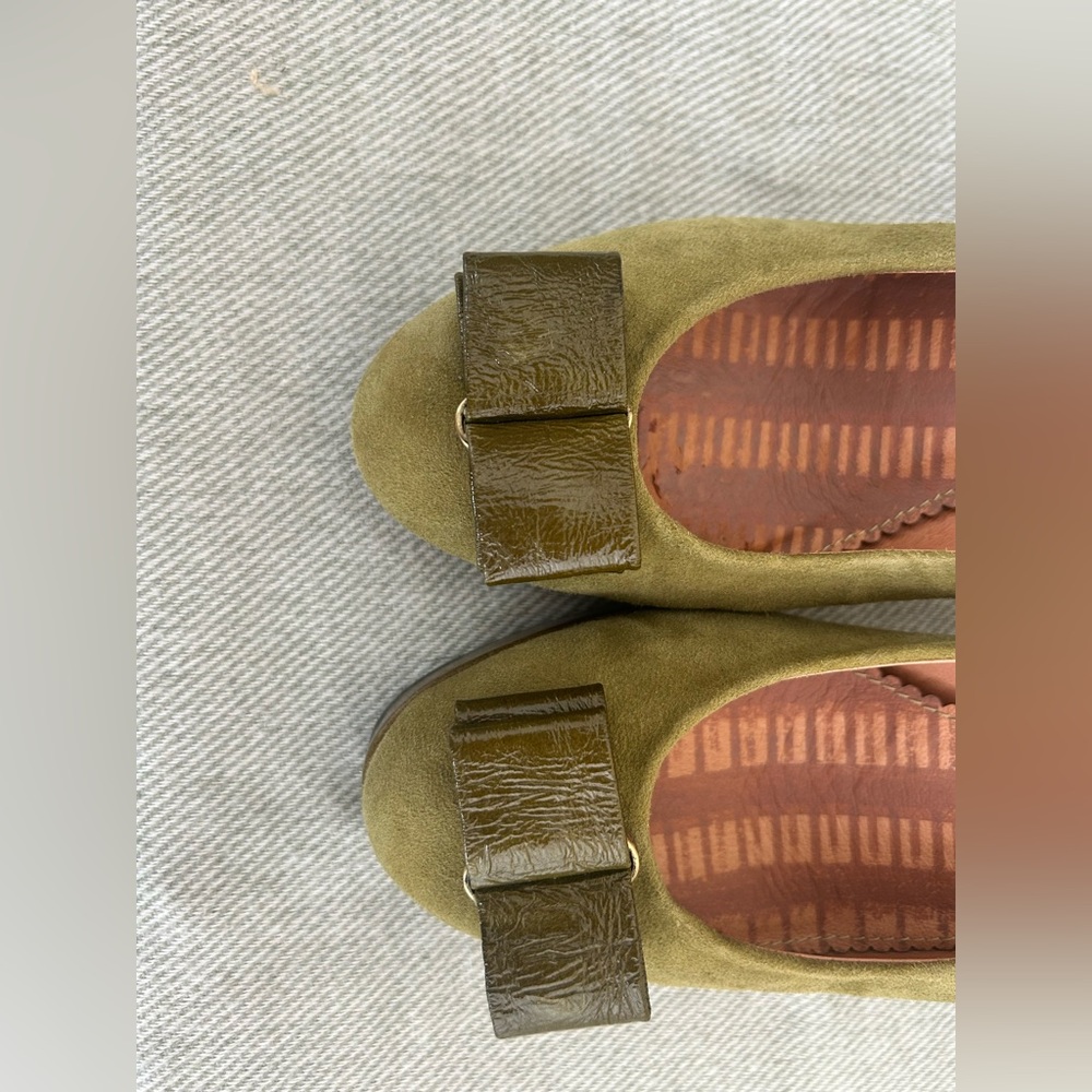 Miss Albright Anthropologie Green Suede Leather Bow Platform Heels Shoes Sz 10 - Picture 6 of 8